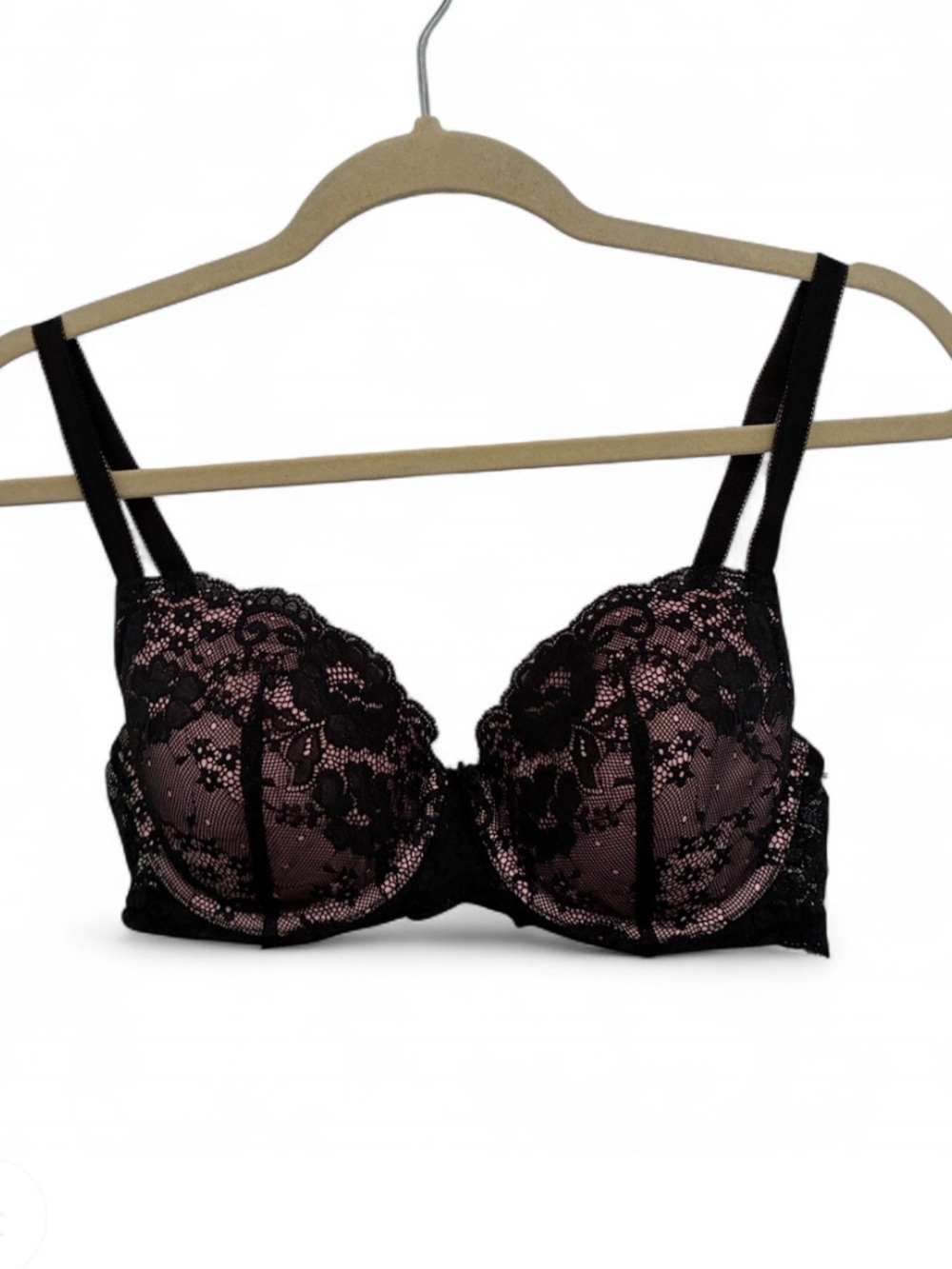 Y2K Victoria’s Secret Dream Angels Lined Demi Black Lace Overlay Pink Bra